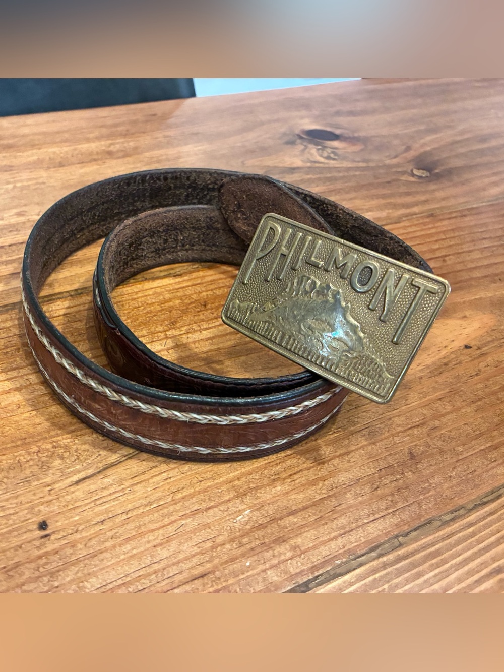 vintage PHILMONT belt buckle And Belt BRONZE brass WESTERN COWBOY 44”